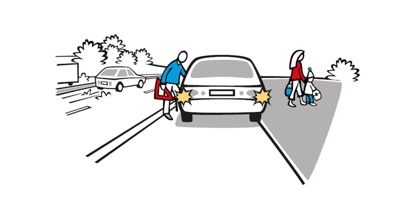 tecknad bild av en familj som fått stopp i vägrenen på en motorvägen, pappan tar ut en varningstriangel ur bilen. Familjen flyttar sig från bilen