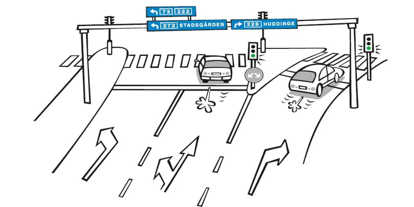 illustrerad bild av anvisningar i trafiken på en flerfilsväg