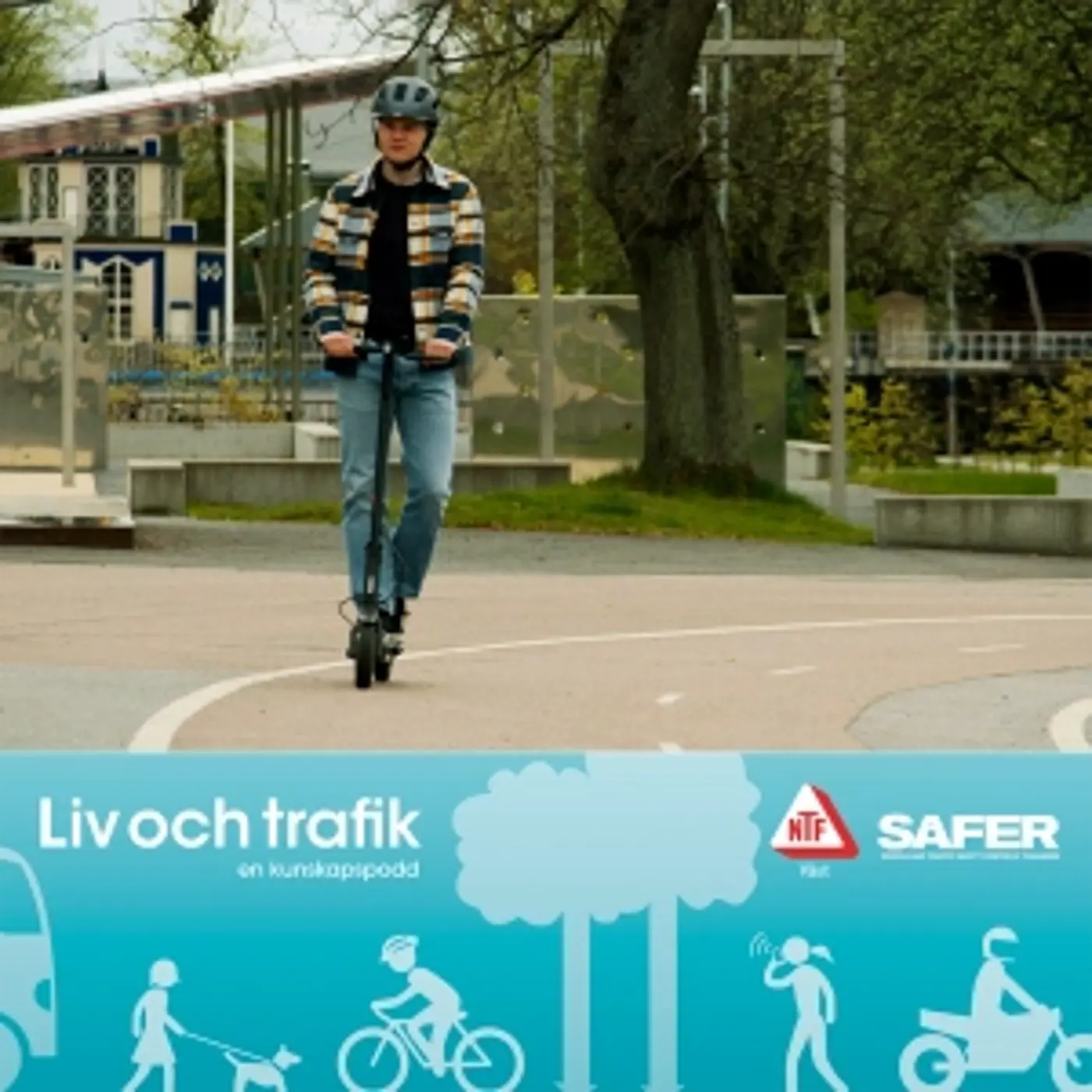 En omslagsbild till podcasten "Liv och trafik" med en bild på en person som kör elsparkcykel.