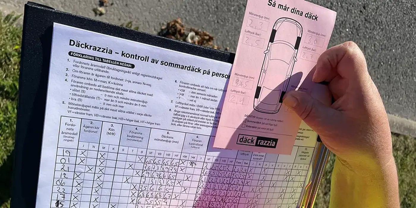 Ett protokoll som visar kontroll av sommardäck på personbil.