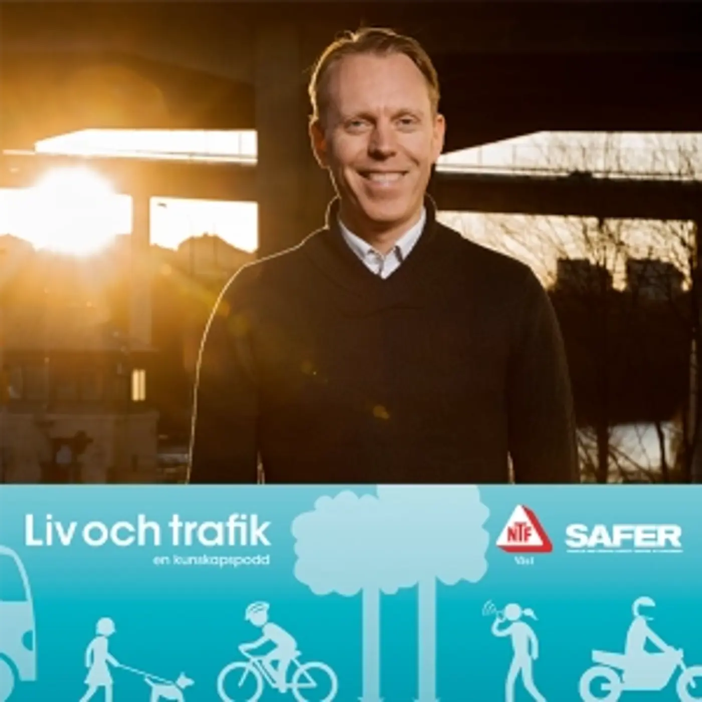 En omslagsbild till podcasten "Liv och trafik" med en bild på en leende man.