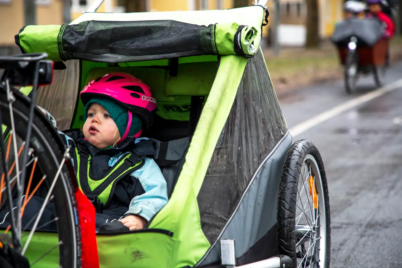 Ett småbarn barn blir skjutsad i en cykelvagn.