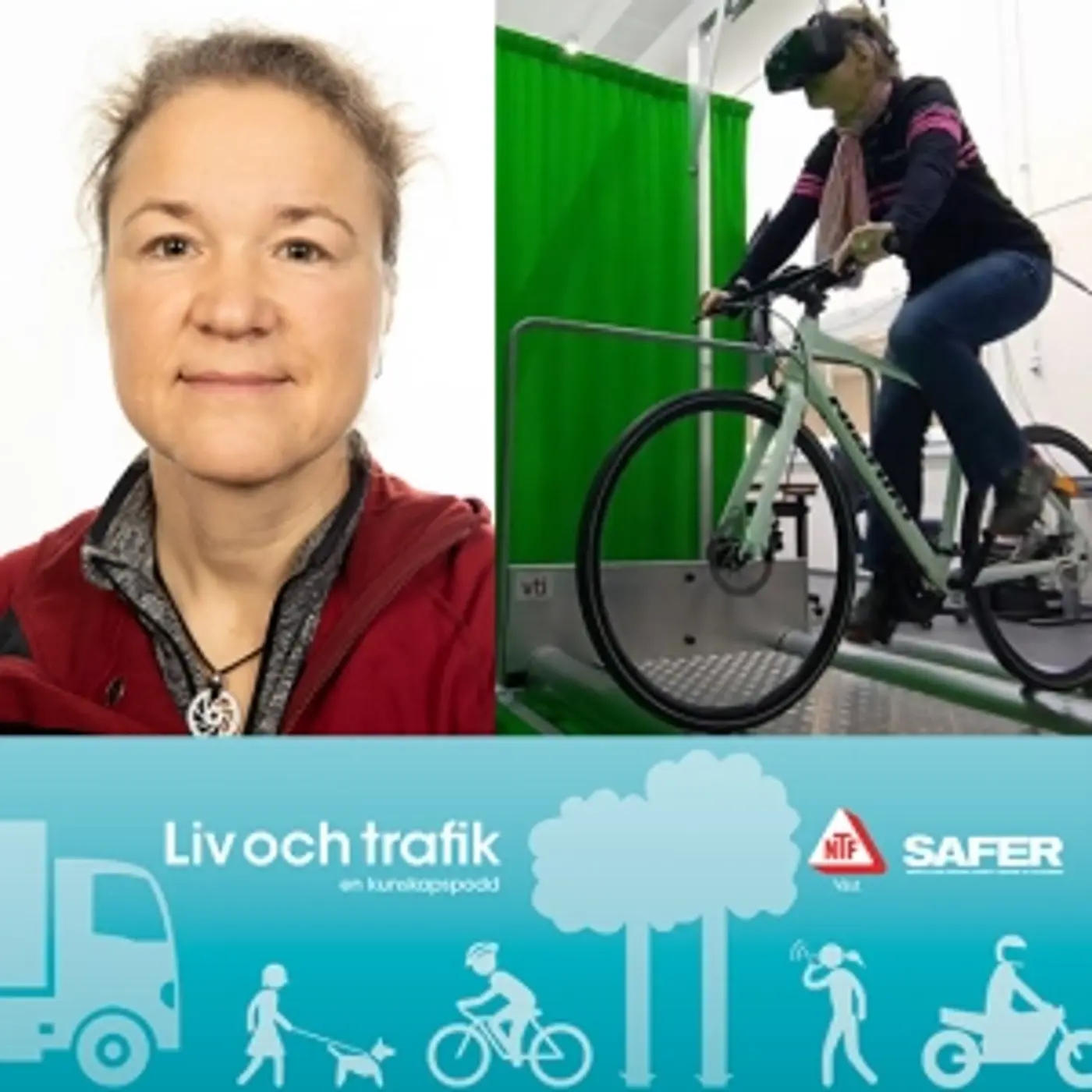 En omslagsbild till podcasten "Liv och trafik" med en porträttbild på en leende kvinna samt en person på cykel i ett labb.