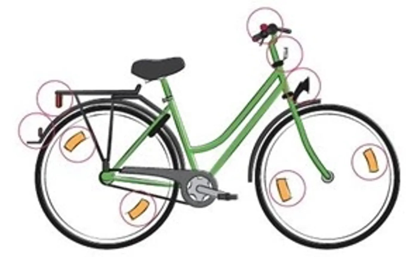 En illustration av en cykel med komplett utrustning i form av reflexer, lysen och ringklocka.