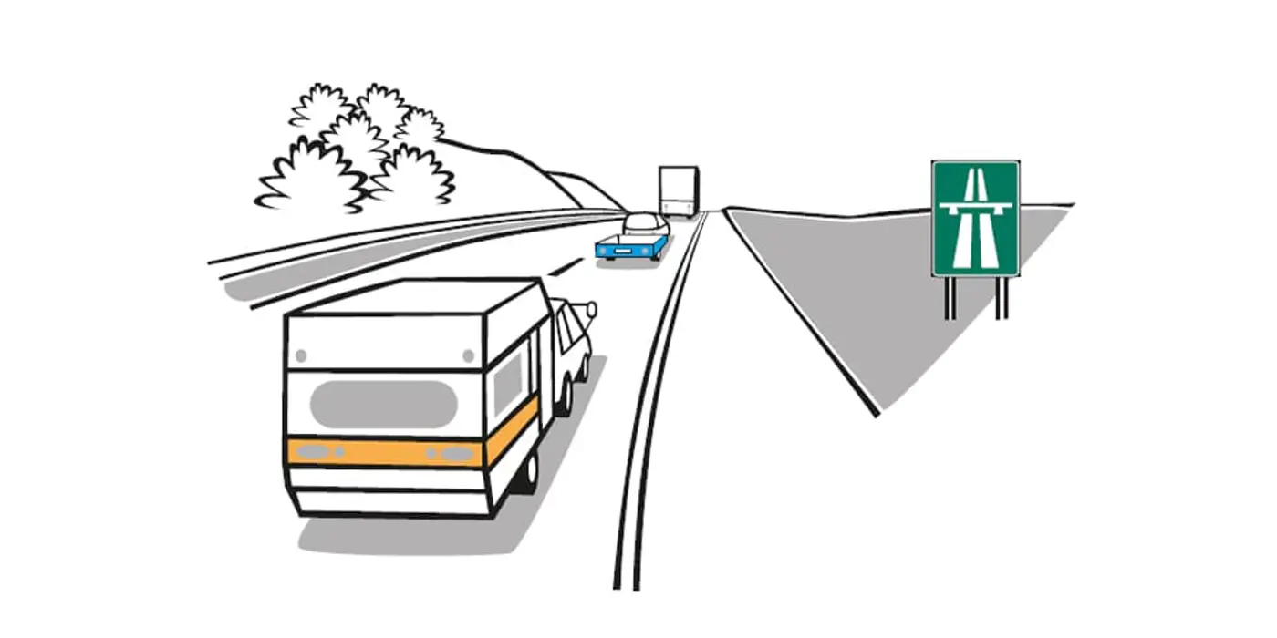 Tecknad bild av en buss, bil med släp och lastbil som kör på en motorväg