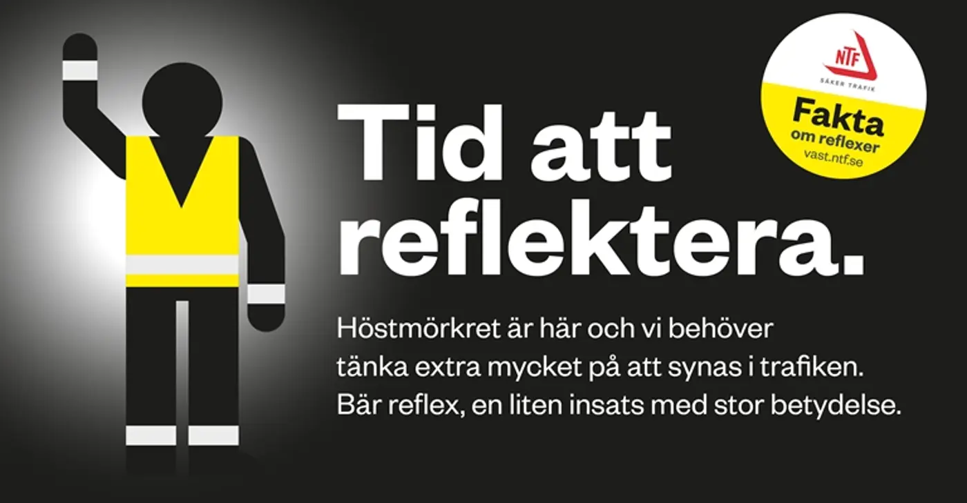 Illustration av en person med reflexväst och reflexer samt texten "tid att reflektera".