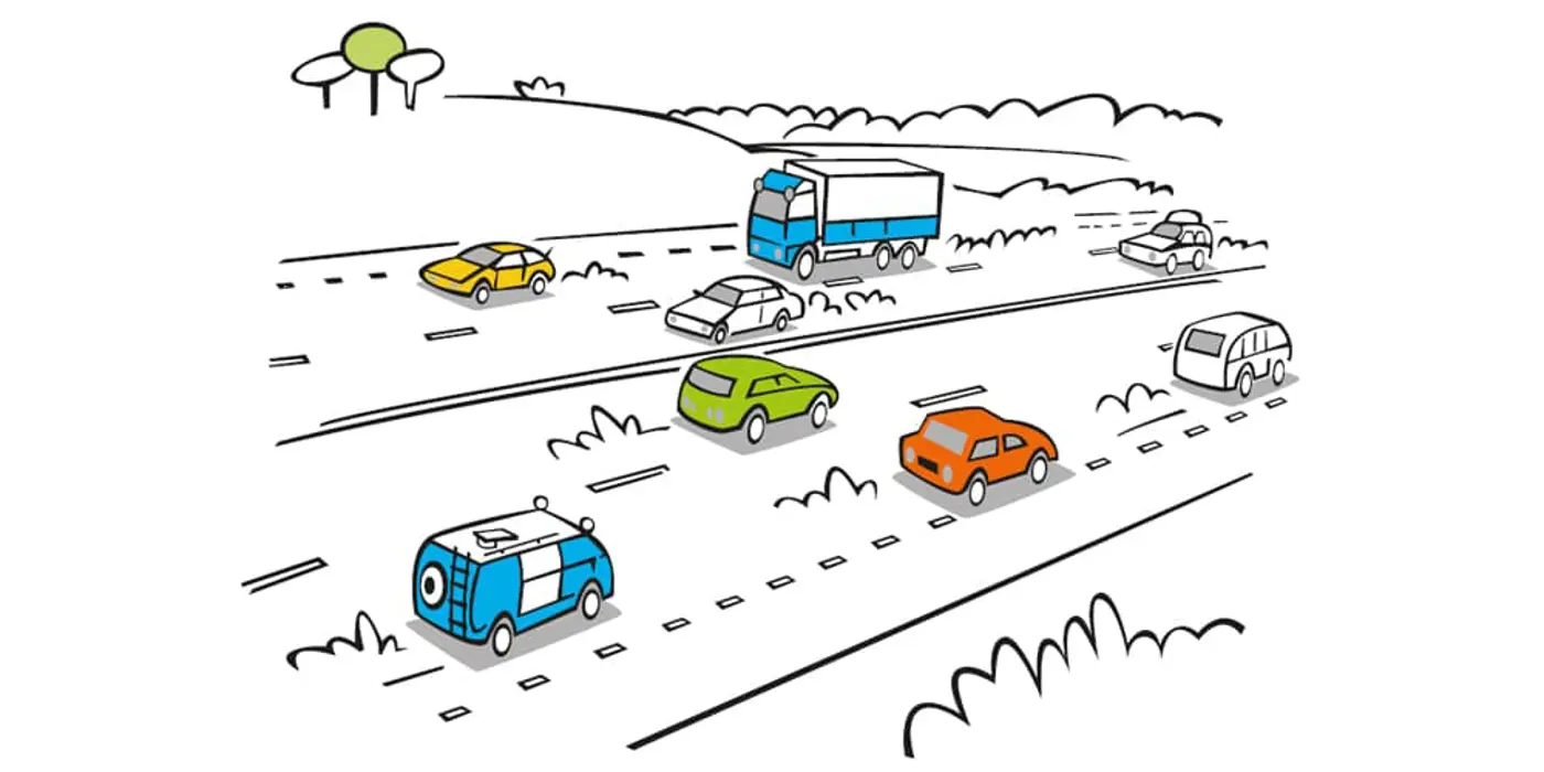 Tecknad bild av bilar som kör på en motorväg