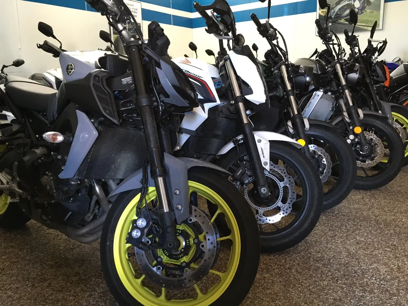 Flera motorcyklar står uppställda på rad